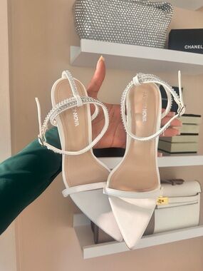 Fashion Nova White Pointed Rhinestone Ankle-Strap Heels